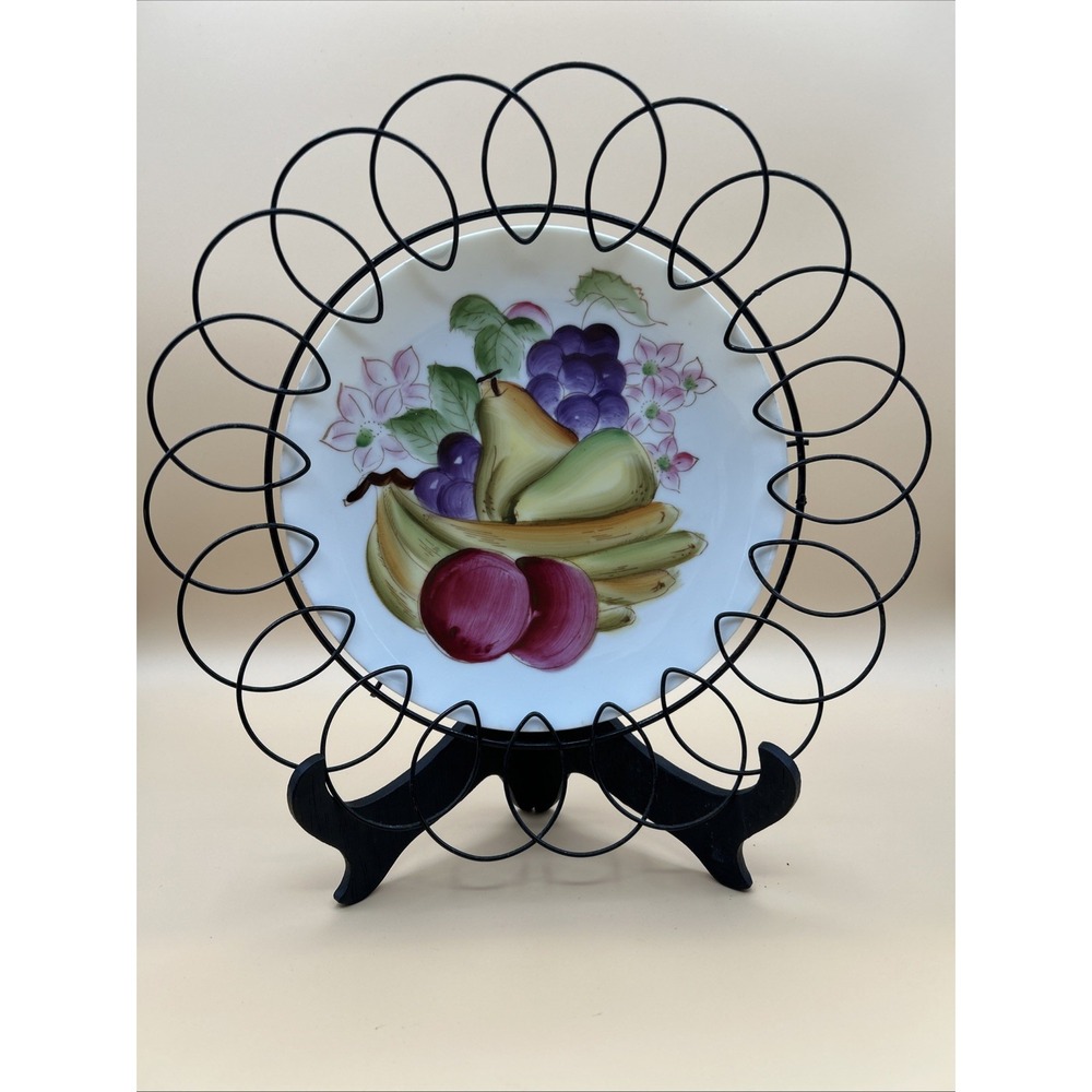 Vintage Hand Painted Fruit Porcelain Plate Black Wire Scroll Frame 12" Wall Art